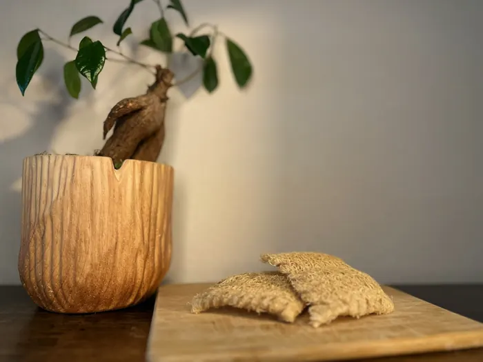 Flat luffa scrub pads resting on a wooden board